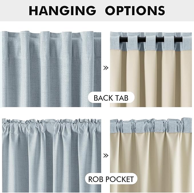 MIULEE 100% Blackout Linen Curtains for Bedroom, Chambray Blue Solid Luxury Decor Thermal Insulation Room Darkening Drapes for Living Room Nursery Back Tab Rod Pocket 42 x 90 Inches, 2 Panels