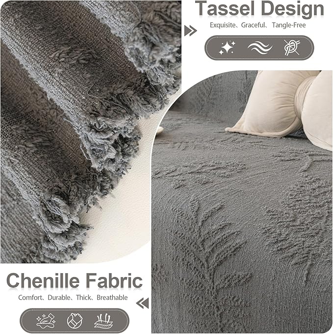 HANDONTIME Washable Couch Covers for Sofa Boho Couch Covers for 3 Cushion Sofa Pet Friendly Grey Chenille Jacquard Couch Protector for Dogs Plant Branch Sectional Cover Sofa Slipcovers, 71" X 134"