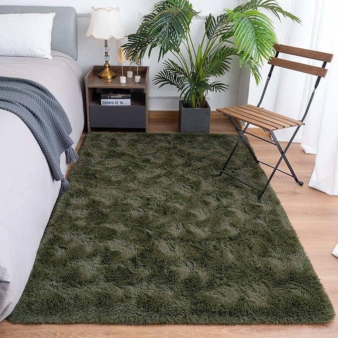 Goideal Fluffy Rug for Bedroom Living Room, 7x10 Olive Green Area Rugs, Faux Fur Shag Modern Carpet Ultra Soft Girls Boys Room Home Decor, Solid