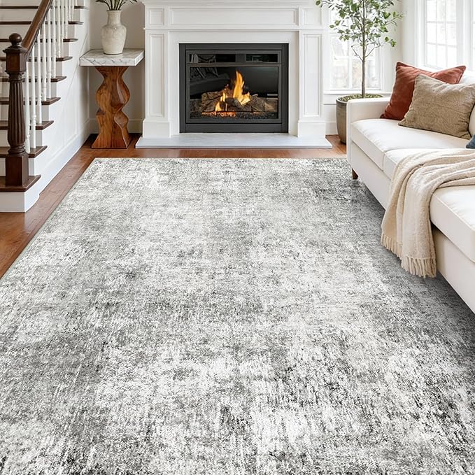 Washable Area Rugs 8'x10' Non-Slip Modern Abstract Soft for Living Room Entryway Bedroom Nursery, Print Pattern, Gray White Grey
