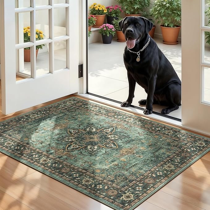 Lofus 2x3 Washable Rug for Entryway Bathroom, Non Slip Kitchen Mats for Floor, Vintage Soft Door Mat Indoor Entrance, Small Area Rugs, Farmhouse Carpet for Entry Living Room Bedroom, Green