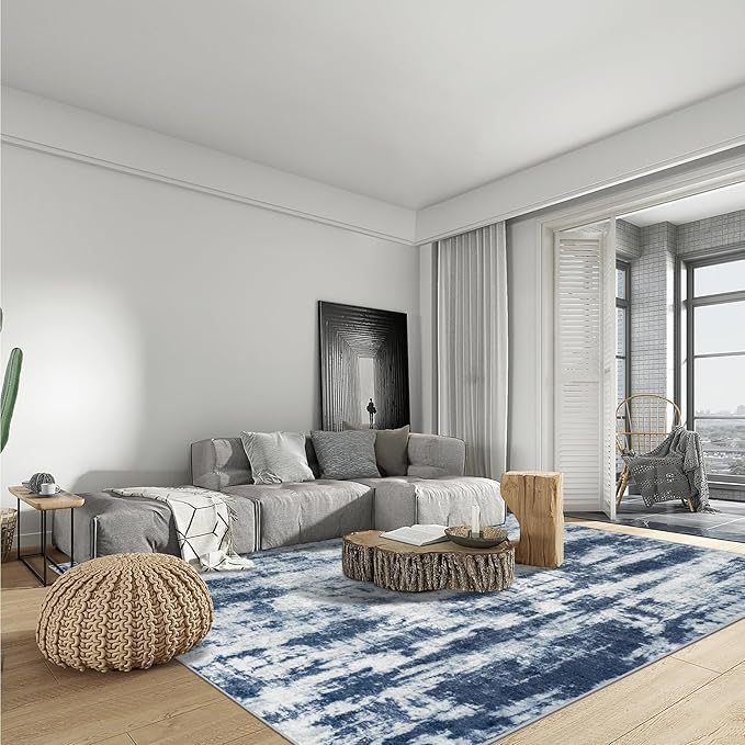 9x12 Area Rugs Washable Rug: Modern Abstract Living Room Rug Soft Anti-Skid Thin Carpet Indoor Floor Non-Shedding Carpets for Bedroom Dining Room Farmhouse Nursery Home Office Blue Grey