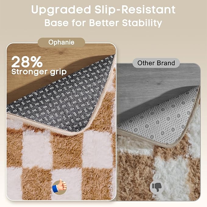 Ophanie Checkered Beige & White Rug for Living Room Bedroom, Fluffy Soft Cute Fuzzy Area Rugs, Shag Plush Shaggy Bedside Floor 8x10 Furry Carpet for Kids Baby Teen Dorm Nursery Home Decor Aesthetic
