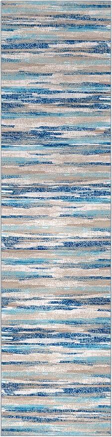 Lansny Modern Abstract Hallway Runner Rug, Blue Washable Kitchen Runner Non-Slip Soft 2x8 Runner Rug Thin Print Faux Wool Carpet for Entryway Bedroom Laundry Room Indoor