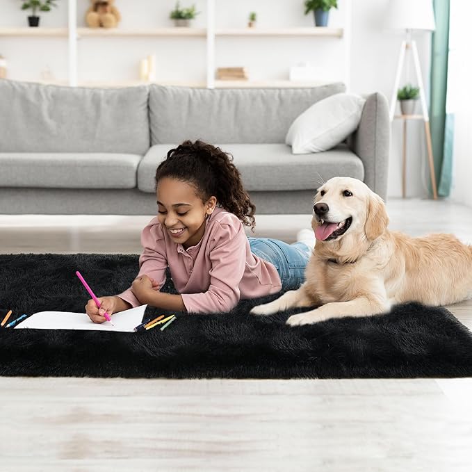 Tepook Soft Runner Rugs for Bedroom 2x6 ft with Rubber Backing, Black Fluffy Rugs for Living Room, Shag Bedside Rug Fuzzy Plush Carpet for Room, Area Rug for Dorm Nursery Hallway Indoor Home Decor