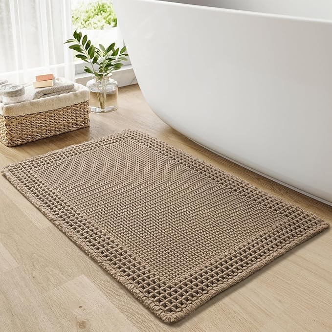 RESARE Waffle Bath Mat for Bathroom, Super Absorbent Bathroom Rugs Non Slip Machine Washable, Ultra Soft Quick Dry Boho Bath Rugs with Tassels for Floor, Upgraded Bordered Design, 24"x36" Brown