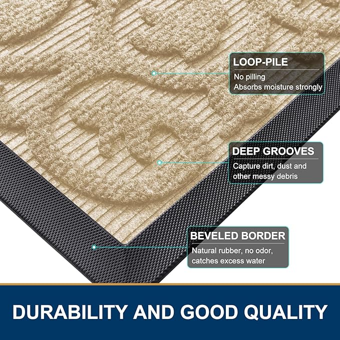Smiry Welcome Door Mat Outside Entrance, Heavy Duty Trap Dirt and Moisture Easy Clean Low Profile Patio Porch Indoor Outdoor Front Doormat for Entry, 35x23 Inch, Beige