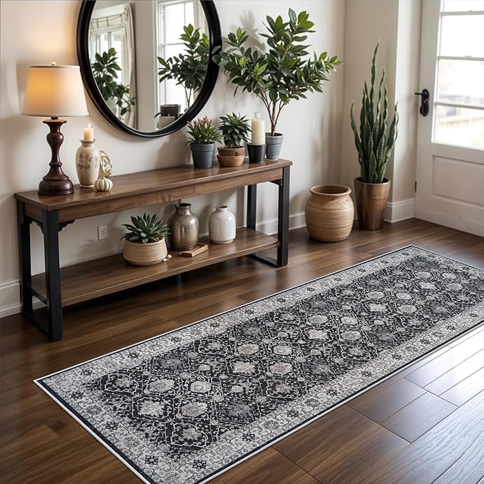 Hallway 2x5 Washable Runner Rug: Oriental Stain Resistant Kitchen Entryway Rugs Farmhouse Ultra Soft Bathroom Bedroom Print Floor Mat Thin Non Slip Indoor Carpet for Living Room Laudry(2X5,Black)