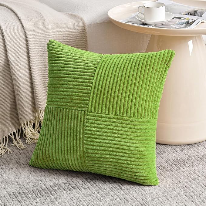 Fancy Homi Set of 2 Lime Green Samll Decorative Throw Pillow Covers 14x14 Inch with for Couch Bed Sofa, Modern Farmhouse Boho Home Decor, Soft Cross Patchwork Corduroy Square Cushion Case 35x35 cm