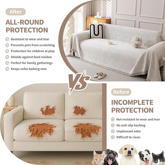 Couch Cover for Dogs, Boho Sofa Covers for 3 Cushion Couch, Chenille Slipcover for Pets Washable, L-Shape Sectional Couch Loveseat Cover Soft Throw Blankets with Tassels(91x134,Speckled Beige)
