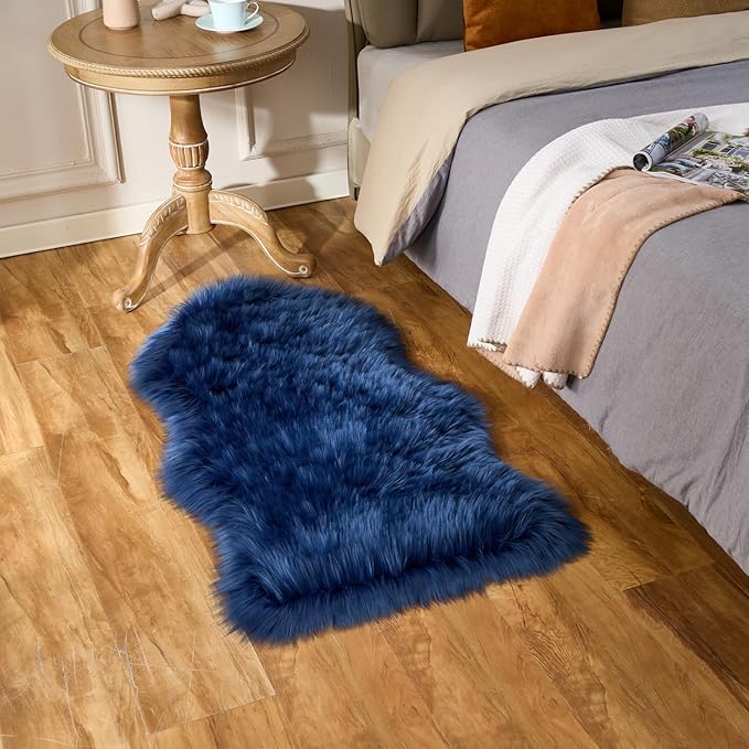 EasyJoy Ultra Soft Fluffy Shaggy Area Rug Faux Fur Rug Chair Cover Seat Pad Fuzzy Area Rug for Bedroom Floor Sofa Living Room (2 x 4 ft Sheepskin, Dark Blue)
