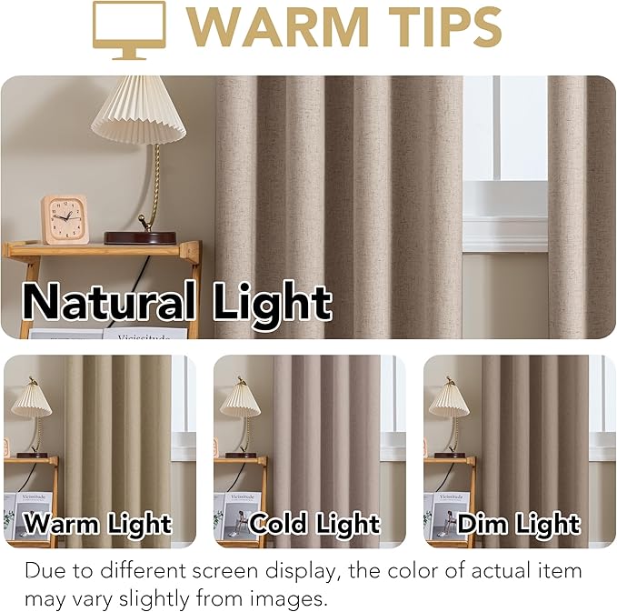 H.VERSAILTEX Linen Curtains 100% Blackout Curtains for Bedroom 108 inch Long Full Light Blocking Nature Linen Blended Window Curtains for Living Room Nickel Grommet (2 Panels, Heathered Sand)