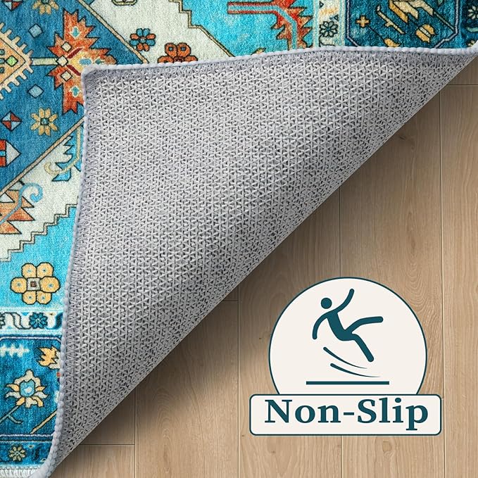 SERISSA Boho Area Rug 5x7 Blue, Washable Rugs for Living Room, Ultra Soft Non-Slip Bedroom Rug Print Distressed Vintage Tribal Farmhouse Carpet Rug for Dining Room Dorm Office Home Decor