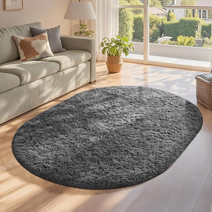 Ophanie 3x5 Oval Rug, Bedside Preppy Dorm Area Rug, College Essentials Non Slip Grey Small Carpets for Bedroom, Anti Slip Fluffy Gray Living Room Rugs Home Decor Aesthetic, Nursery