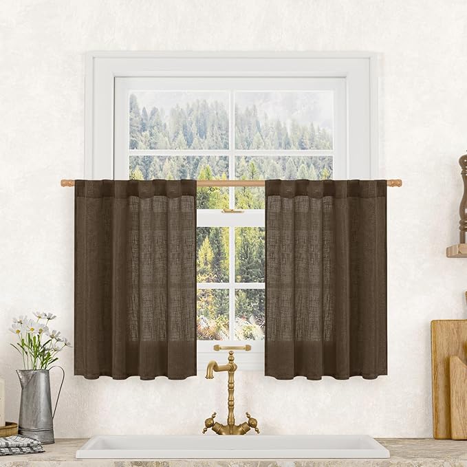 LAMIT Linen Curtains 30 Inch Length for Cafe, Semi Sheer Light Filtering Panels Back Tab and Rod Pocket Neutral Drapes for Basement/Window/Loft Room, Dark Brown, 2 Panels, 34 x 30 Inch
