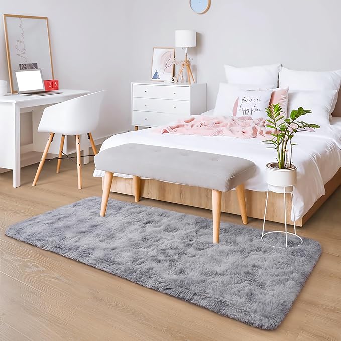 Chicrug Soft Runner Rugs for Bedroom Living Room Plush Fluffy Rug 2x8 Feet, Shag Furry Area Rug Carpet Non Shedding for Nursery Children Kids Girls Room Home Decorative, Grey and White