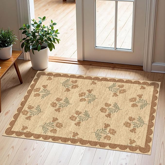 Front Door Mat Outside Entrance - 2x3 Floral Non-Slip Washable Doormat Indoor Outdoor Mat Jute-Look Farmhouse Tan Scalloped Entry Rug Small Throw Rugs for Entryway Kitchen Front Porch Decor