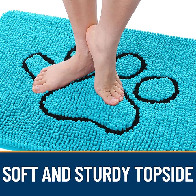 OLANLY Dog Door Mat for Muddy Paws 30x20, Paw Print Design, Absorbs Moisture and Dirt, Absorbent Non-Slip Washable Doormat, Quick Dry Chenille Mud Mat for Dogs, Entry Indoor Entryway Carpet, Aqua Blue