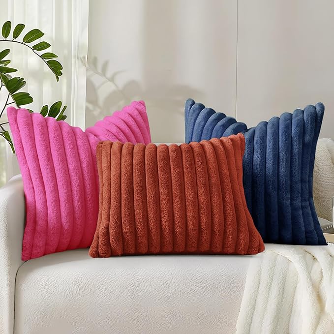 decorUhome Cozy Faux Fur Throw Pillow Covers 16x16 Set of 2 Decorative Soft Plush Striped Modern Farmhouse Boho Couch Pillow Cases with Velvet Back for Sofa Bed Living Room, Blue
