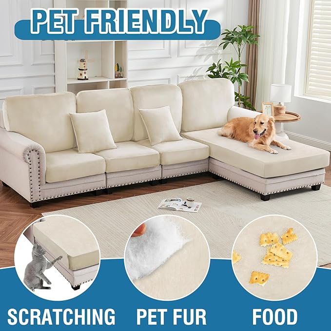 Couch Cover 8-Piece Elastic Velvet Couch Cushion Covers & Chaise Slipcovers for L-Shaped Sofas - Sofa Seat Covers Washable, Soft Protector for Couches (7 Seater + Chaise, Cream)