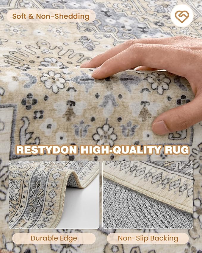 2x5 Rug Runner Washable for Entryway, Soft Bathroom Rugs with Non-Slip Backing,Vintage Low Pile Stair Runner, Small Kitchen Carpet for Hallways, Laundry Room(Beige,2'x5')