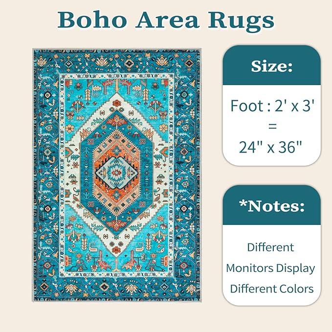 SERISSA Boho Rugs for Entryway, 2x3 Blue Entryway Rug Non-Slip Washable Small Area Rug, Ultra Soft Oriental Vintage Low-Pile Indoor Door Mat Floor Carpet for Entrance Bedroom Kitchen Bathroom