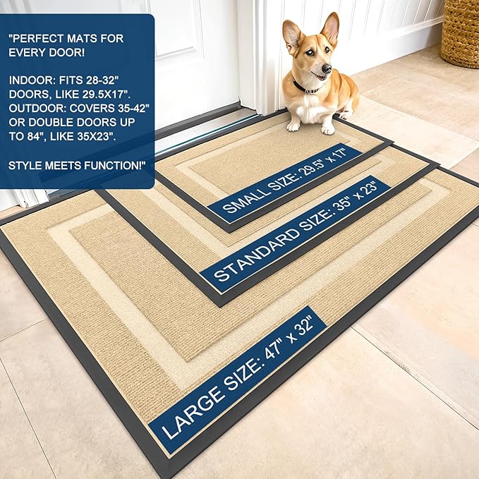 OLANLY Front Door Mat Indoor Outdoor Entrance, Waterproof All-Season, All-Weather Doormat, Sturdy Natural Rubber, Fade Resistant, Low Profile, Easy Clean Patio Porch Entryway Mat, 47x23, Beige