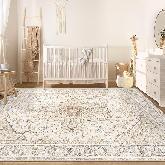 Area Rugs 6x9 Vintage Rug: Washable Living Room Rug Retro Medallion Distressed Large Soft Low Pile Non-Slip Indoor Floor Carpet for Bedroom Kitchen Nursery Dining Table Office (BeigeBrown, 6'x9')