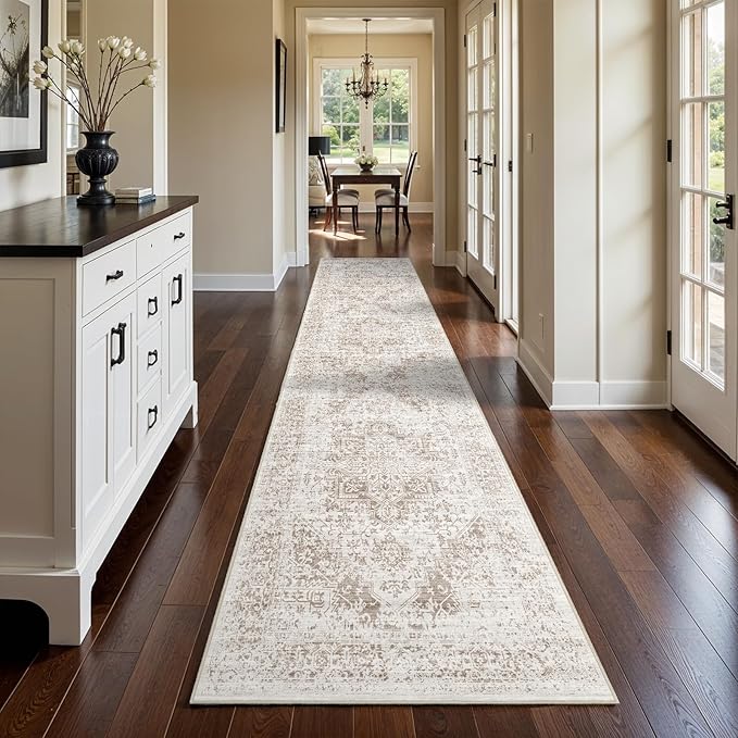 3x14 Washable Hallway Runner Rug - Non Slip Kitchen Runner Rugs with Rubber Backing Vintage Low-Pile Carpet Runners for Entryway Dining Room Laundry Room Home Decor (Cream/Camel)