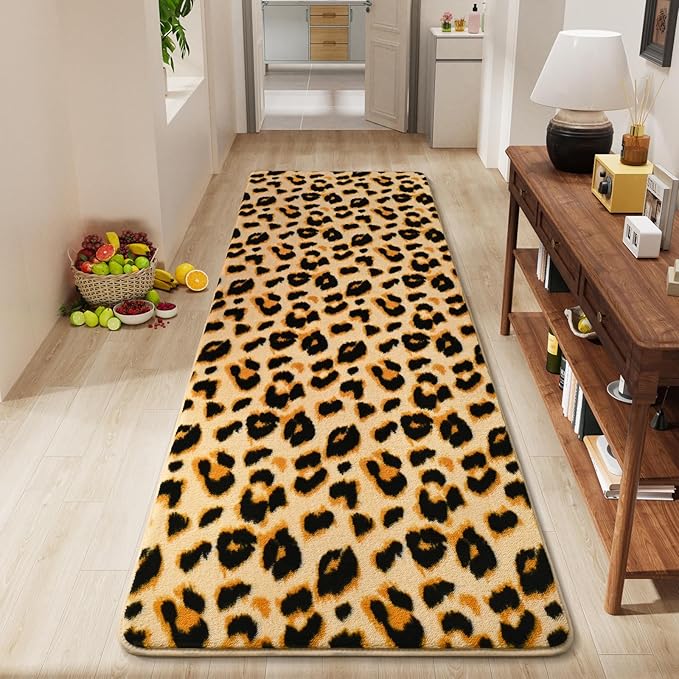 Amearea Soft Leopard Runner Rugs for Hallway, 2x6 Feet Cheetah Print Bedroom Bedside Rugs, Washable Fluffy Indoor Animal Runner Rug Carpet for Entrance Kitchen Kids Teen Room Living Room Decor, Khaki