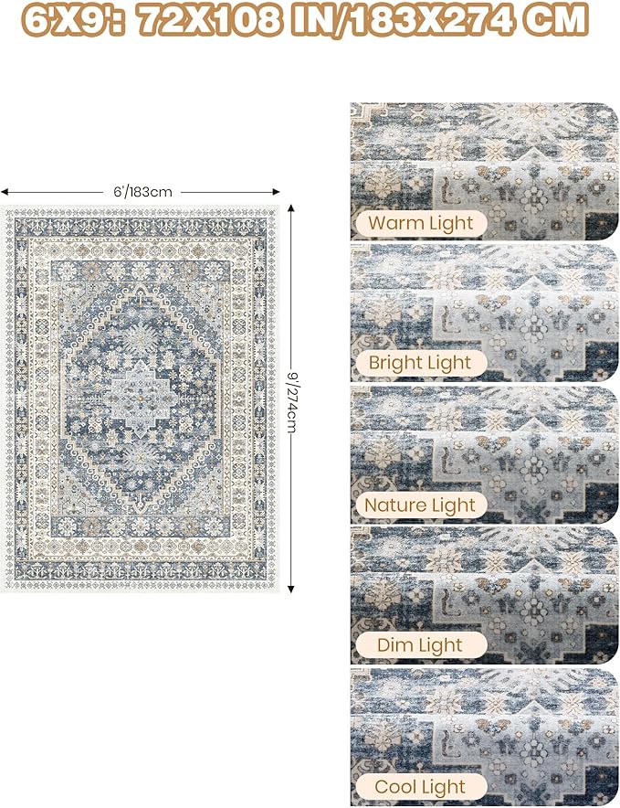 6x9 Area Rugs for Living Room,Soft Low Pile Indoor Washable Rugs for Bedroom, Non-Slip Backing Vintage Large Area Rug, Printed Vintage Floral Carpet(Blue/Beige,6'x9')