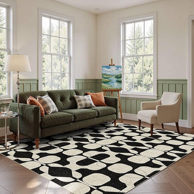Latte&Fog 5x7 Area Rugs for Living Room Bedroom, Black Vintage Washable Rug, Boho Non Slip Low Pile Carpet for Dining Room, Dorm, Classroom, College Dorm, Farmhouse and Home Office - Black Beige