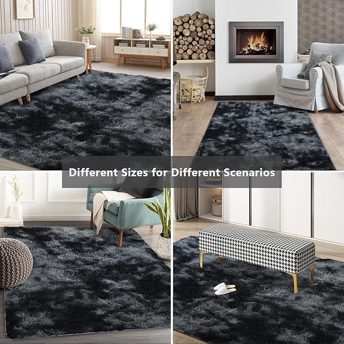 Shag Area Rugs for Bedroom Living Room,6X9 Ultra Soft Fluffy Area Rugs for Dorm, Indoor Carpet Nursery Rugs for Kids Room Home Decor, Black Grey