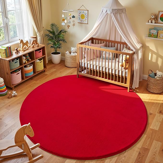 Amearea Red Round Area Rugs 5ft Washable Circle Rugs for Bedroom Living Room, Fluffy Indoor Thickened Memory Foam Rug, Non Slip Minimalist Circular Carpet for Kids Boys Girls Dorm Nursery Room Decor