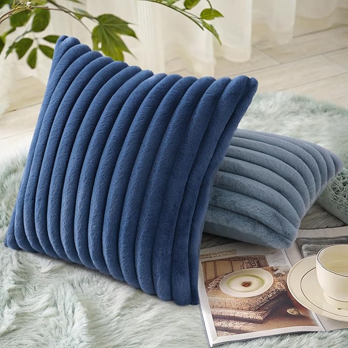 decorUhome Cozy Faux Fur Throw Pillow Covers 24x24 Set of 2 Decorative Soft Plush Striped Modern Farmhouse Boho Couch Euro Sham Pillow Cases with Velvet Back for Sofa Bed Living Room, Blue