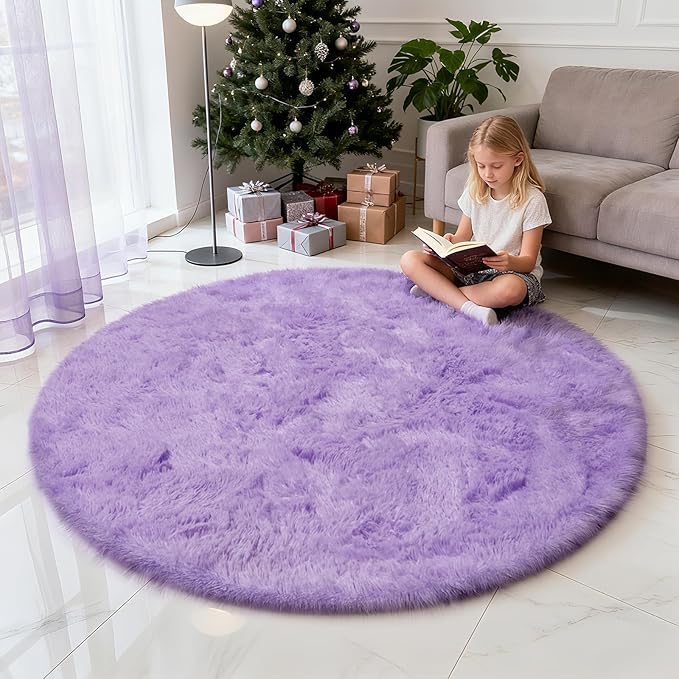 yulidayang Purple Fluffy Round Area Rugs for Bedroom,4'X4'Shag Circle Area Rugs for Girls Room,Non Slip Fuzzy Plush Rug for Kids Room Living Room and Dorm Home Decor Rug