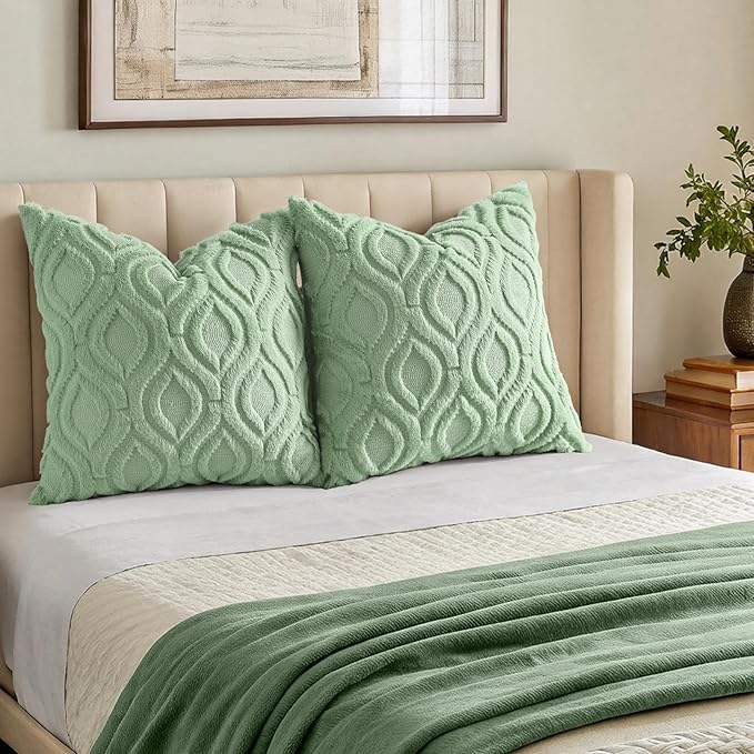decorUhome Throw Pillow Covers 22x22 Inch Set of 2, Soft Plush Faux Wool Sage Green Solid Couch Pillow Covers, Accent Euro Sham Farmhouse Neutral Square Pillow Cases for Sofa Bed Living Room
