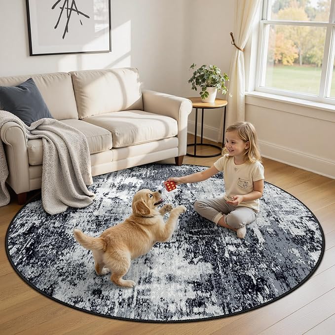 Washable Area Rugs 6ft Non-Slip Modern Abstract Soft for Living Room Entryway Bedroom Nursery, Print Pattern, Black Navy Blue Gray