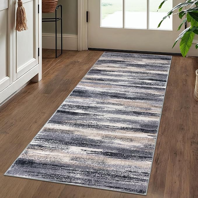 Lansny Modern Abstract Runner Rug 2x5, Grey Black Multi Washable Kitchen Runner Entryway Rug Mat Non-Slip Soft Hallway Rug Runner Thin Print Faux Wool Carpet for Bedroom Laundry Room Indoor