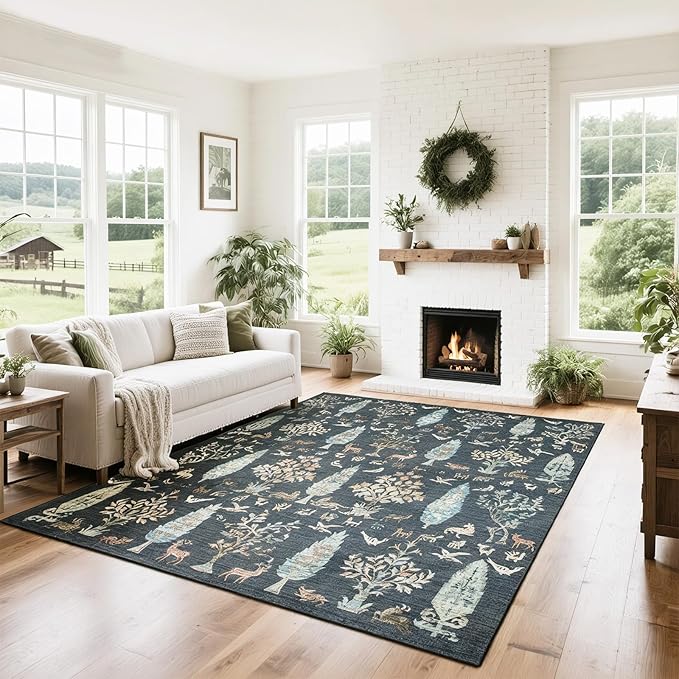 Washable Rugs 8x10 Area Rugs for Living Room,Bedroom,Dining Room- Large Ultra Soft Faux Wool Retro Carpet,Non Slip&Non-Shedding Low Pile Vintage Print Rug for Home Office Dorm-Dark Green