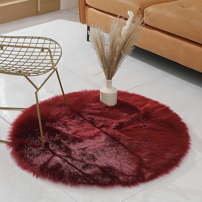 linmopm Faux Fur Rug Sheepskin Shag Fluffy Fuzzy Red 3x3 ft Rugs for Bedroom Bedside Bed Floor Living Room Plush Round High-Density Cushion Carpet Super Sofa Cover