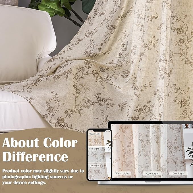Lazzzy Farmhouse Linen Curtains Extra Long Taupe Floral Curtains 108 Inch Length Back Tab Drapes for Living Room Bedroom Light Filtering Country Vintage Rod Pocket, 2 Panels, Taupe on Beige