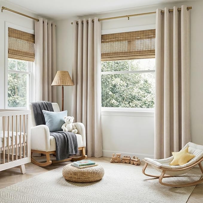 100% Blackout Shield Linen Blackout Curtains for Bedroom, Oatmeal Grommet Curtains for Living Room, Thermal Insulated Room Darkening Drapes for Nursery, Boho Home Decor, 50" W x 90" L, 2 Panels