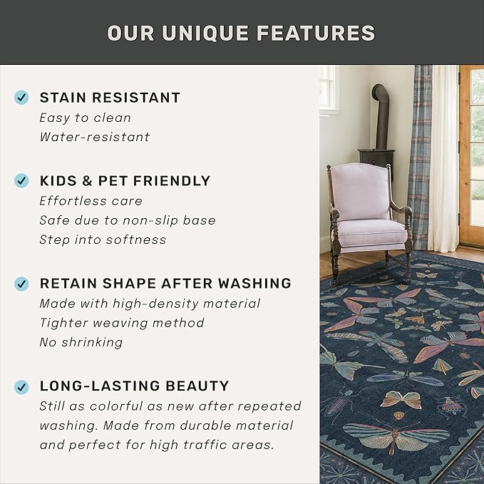 Blue Rugs for Bedroom - 4x6 Washable Area Rug for Large Entryway, Living Room, Kitchen Floor, Dark Whimsical Home Décor, Vintage Low Pile & Soft Non Slip Carpet