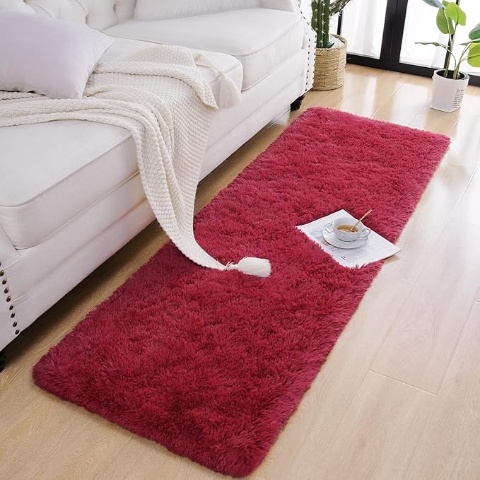 Chicrug Soft Runner Rug for Bedroom Living Room Plush Fluffy Rugs 2x6 Feet, Shag Furry Runner Rug Carpet Non Shedding for Nursery Children Kids Girls Room Home Decorative, Wine Red