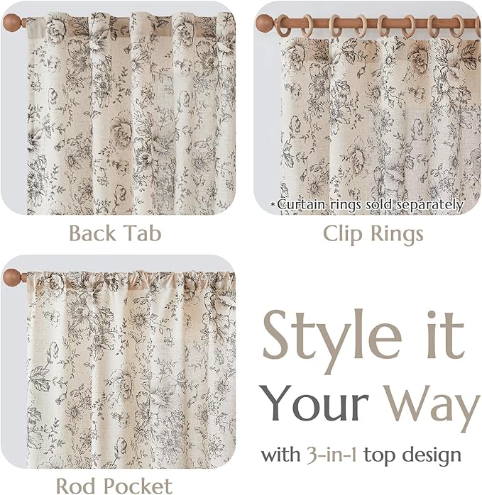 jinchan Lined Linen Blend Curtain Floral Curtains for Living Room 63 Inch Length Black Peony Flower Printed Curtain Back Tab Farmhouse Patterned Drapes Bedroom Window Curtains Set 2 Panels