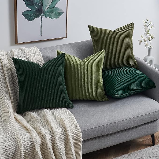 Topfinel Christmas Decorative Throw Pillow Covers Green Series,Winter Fluffy Corduroy Striped Euro Pillows Shams for Couch Bed Bedroom,Western Modern Hunter Green Pillowcase 24x24 Inch Set of 4