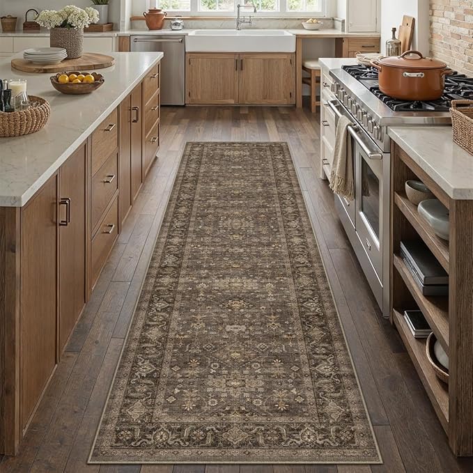 2'6x8 Washable Runner Rug for Hallway Kitchen Vintage Brown Non Slip Low Pile Carpet Traditional Retro Soft Throw Rug for Bathroom Bedroom Entryway Indoor Entrance