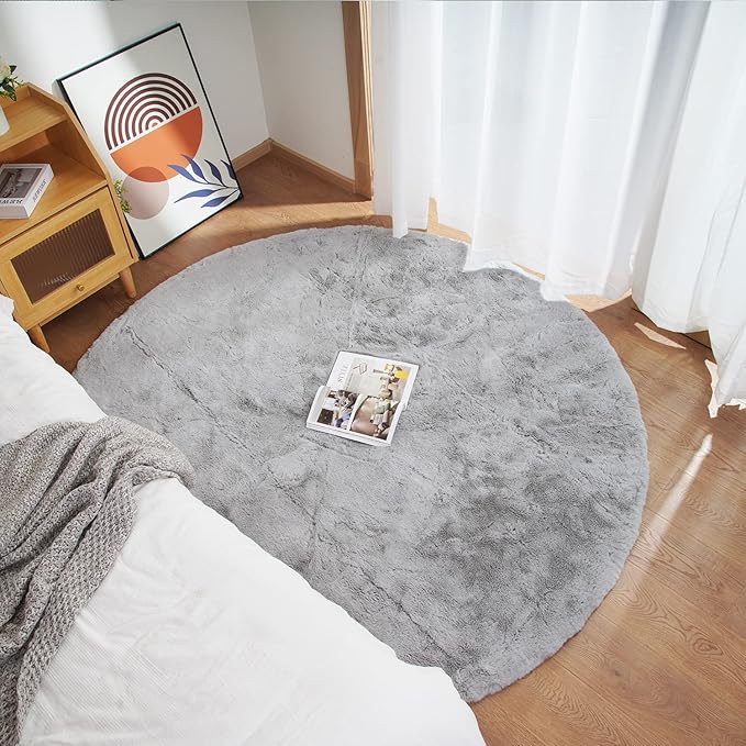 Ghouse Faux Rabbit Fur Round Rug 5ft Grey Round Rugs for Bedroom Decor Fluffy Area Rugs for Living Room, no-Shedding Carpet Sheepskin Washable Rug Rome Decor