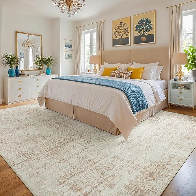 10x12 Area Rugs for Living Room Washable Rug: Anti-Skid Abstract Modern Living Room Rug Soft Thin Carpets Indoor Floor Non-Shedding Carpet for Bedroom Dining Farmhouse Nursery Beige White